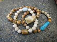 3 piece set - River Stone, Fossil Coral, Teal Blue Jade Mala Bracelets