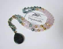 Pink and Phantom Quartz Love Mala Necklace in Dark Green Emerald Pendant