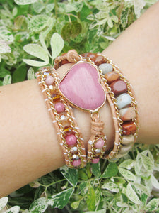 Pink Rhodonite Stone 3X Wrap Bracelet