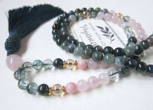 SALE - 108 Bead Mala in Pink and Phantom Quartz w/ Emerald Green Bee Cap Tassel Beaded Necklace