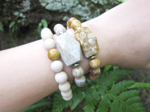 2 piece set - River Stone and Fossil Coral Guru Mala Bracelet