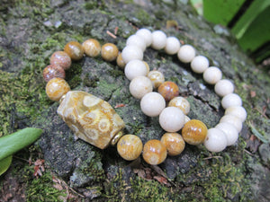 2 piece set - River Stone and Fossil Coral Guru Mala Bracelet