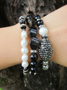 3 piece set - Black Onyx, Agate, Baroque Freshwater Pearl Energy Mala Bracelets