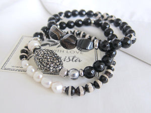 Black, White Mala Bracelets in stainless steel finished