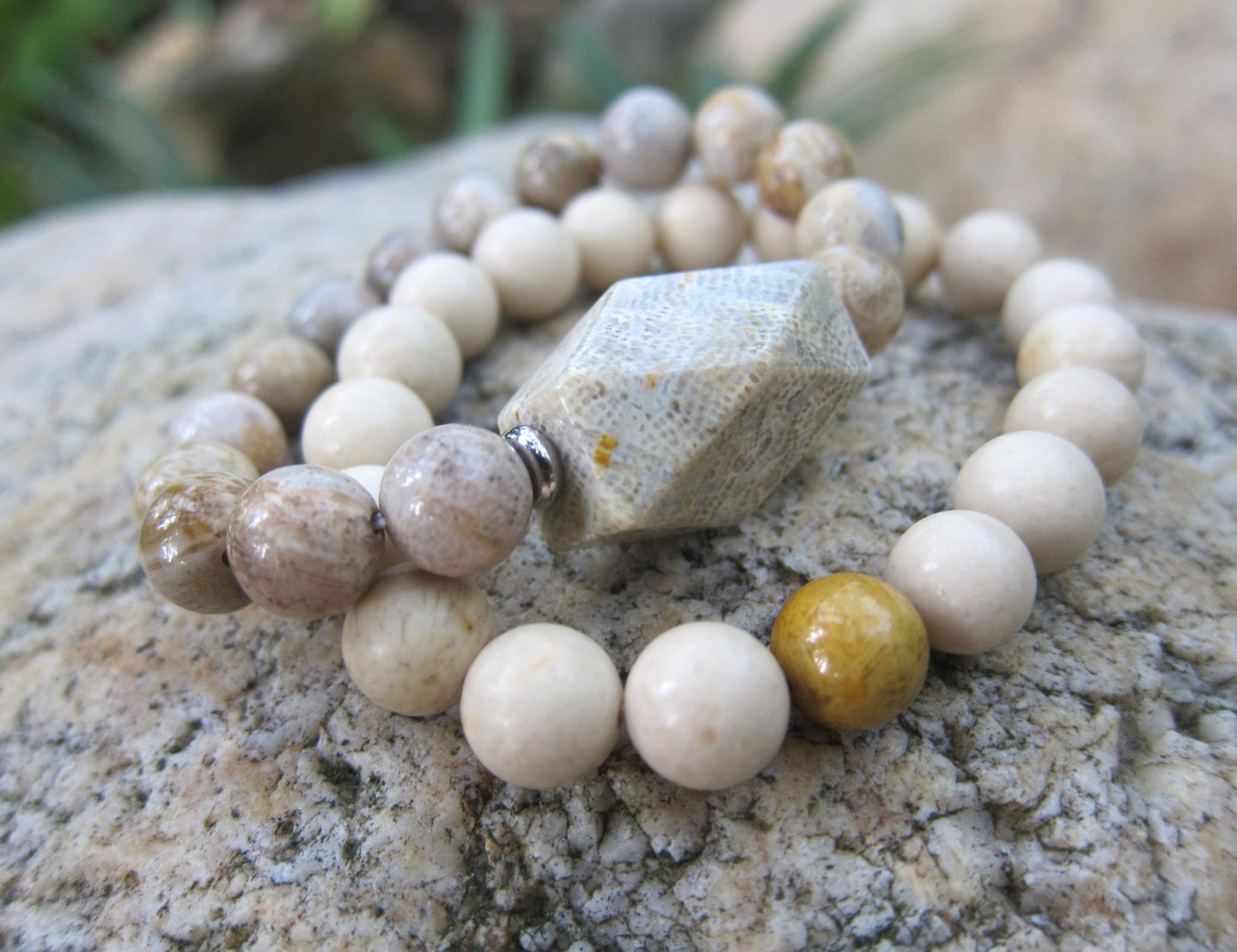 2 piece set - River Stone and Grey Fossil Coral Guru Mala Bracelet