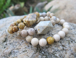 2 piece set - River Stone and Grey Fossil Coral Guru Mala Bracelet