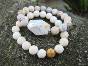 2 piece set - River Stone and Grey Fossil Coral Guru Mala Bracelet