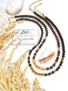 Red Tiger Eye, Aura Quartz Beaded Necklace in Stainless Gold Clasp