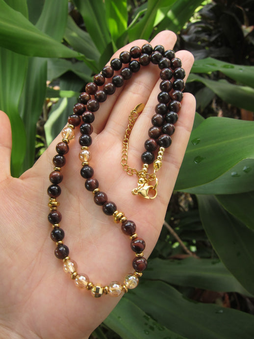 Red Tiger Eye, Aura Quartz Beaded Necklace in Stainless Gold Clasp