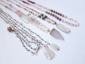 SALE - Bohemian Pink Opal, Pyrite, Rose Quartz Pendant Mala Necklace