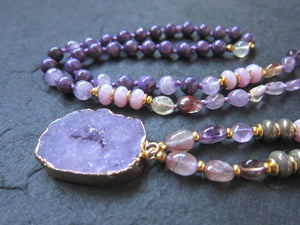 SALE - Ametrine, Amethyst, Charoite, Kunzite, Druzy Pendant Beaded Mala Necklace