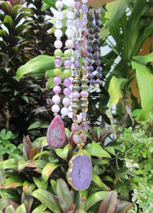 SALE - Ametrine, Amethyst, Charoite, Kunzite, Druzy Pendant Beaded Mala Necklace