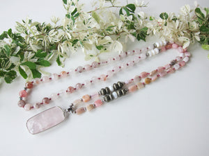 SALE - Bohemian Pink Opal, Pyrite, Rose Quartz Pendant Mala Necklace