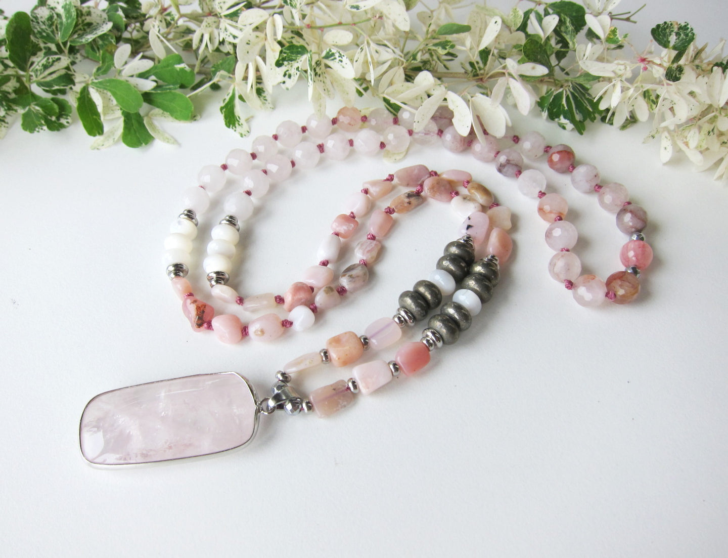 SALE - Bohemian Pink Opal, Pyrite, Rose Quartz Pendant Mala Necklace