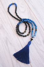 SALE - 108 Beaded Necklace in Agate, Apatite Blue w/ Tassel