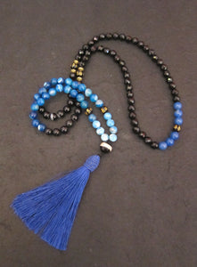 SALE - 108 Beaded Necklace in Agate, Apatite Blue w/ Tassel