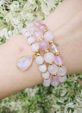 SALE - Rose Quartz, Selenite, Mystic Pink Quartz, Clear Quartz 3X Wrap Bracelet (convertible to necklace)