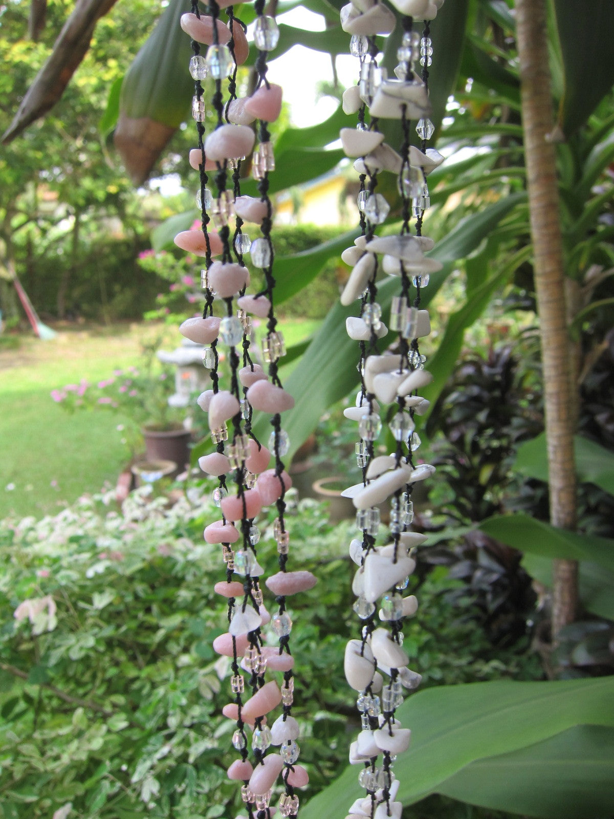 SALE - Bohemian Pink Opal, Rose Quartz Layering Necklaces - 60 inches long