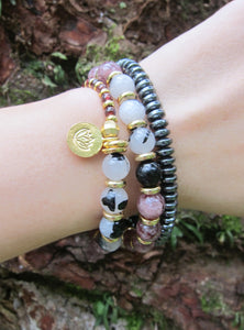 Strawberry Quartz, Black White Tourmaline Quartz Gemstone in 27 Bead Mala Bracelet with 24K Gold Vermeil Lotus Charm