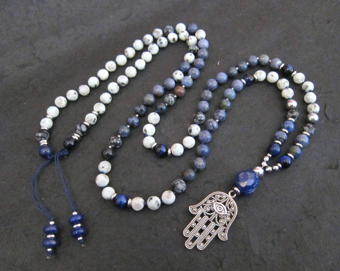 108 Mala Necklace - Love and Patience Blue Hamsa