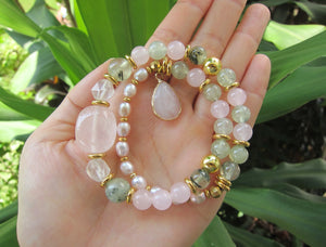 Rose Quartz, Prehnite, Freshwater Pearl - Love, Fertility, Protection Mala Bracelet by Yogisnista