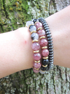 Strawberry Quartz, Black White Tourmaline Quartz Gemstone in 27 Bead Mala Bracelet with 24K Gold Vermeil Lotus Charm