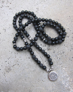 108 Bead Mala Bracelet, Black Onyx, Black Lava, Lotus Mala Necklace for Him/Her