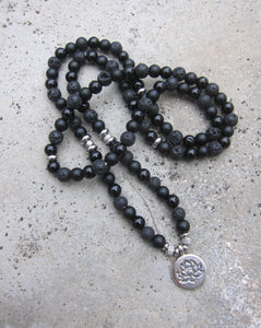 Unisex 108 Bead Mala in Black Onyx, Black Lava, Lotus Mala Necklace/Bracelet