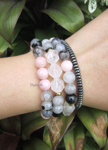 Pink Opal, Rose Quartz and Agate Single Mala Bracelet