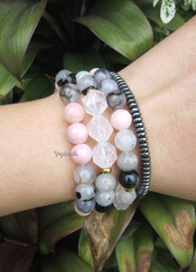 Pink Opal, Black White Tourmaline, Snowflake Obsidian Mala Bracelet - October Birthstone