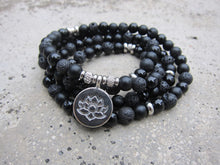 108 Bead Mala Bracelet, Black Onyx, Black Lava, Lotus Mala Necklace for Him/Her