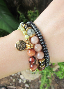 SALE - 27 Bead Mala in Smoky Quartz, Sunstone, Prehnite Bracelet