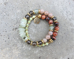 SALE - 27 Bead Mala in Smoky Quartz, Sunstone, Prehnite Bracelet