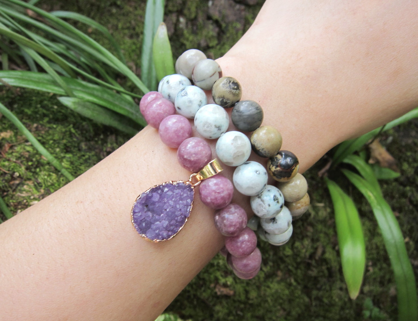 SALE - 3 piece set; Lepidolite, Sesame Jasper, Chohua Jasper Mala Bracelet Set