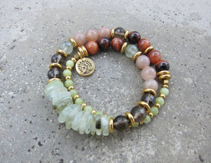 SALE - 27 Bead Mala in Smoky Quartz, Sunstone, Prehnite Bracelet