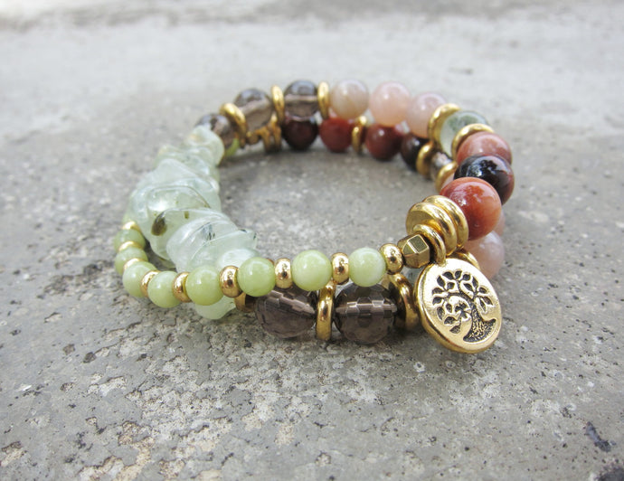 SALE - 27 Bead Mala in Smoky Quartz, Sunstone, Prehnite Bracelet