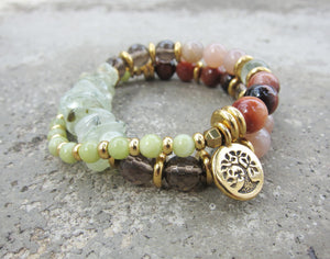 SALE - 27 Bead Mala in Smoky Quartz, Sunstone, Prehnite Bracelet