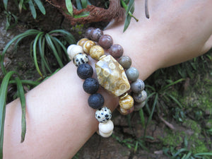 3 piece set - Fossil Coral + Jasper Mala Stack Bracelets (10mm)