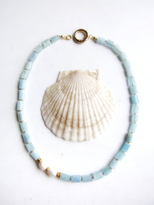 Blue Aquamarine, highlighted with natural Baroque Freshwater Pearl Necklace