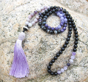 SALE - 108 Mala Tassel Necklace in Agate, Amethyst, Charoite ~ Root Chakra Mala