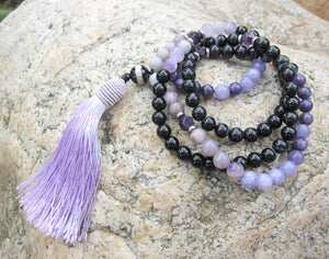 SALE - 108 Beaded Tassel Necklace in Agate, Amethyst, Charoite ~Root Chakra Mala