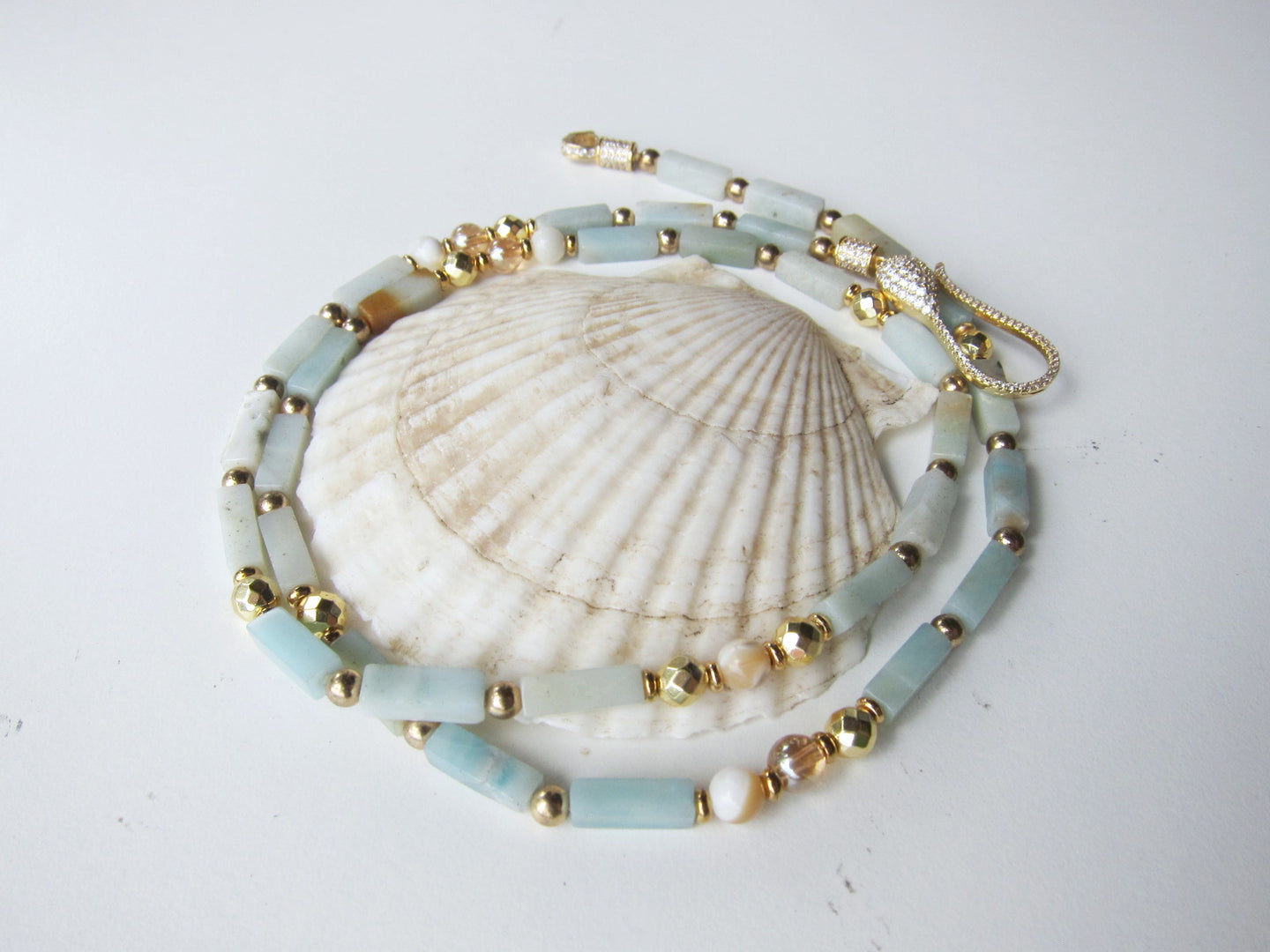 Amazonite and Mother of Pearl - finished in Gold Platinum CZ Clasp