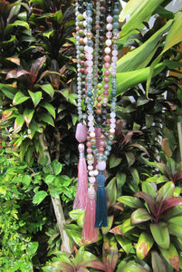 SALE - 108 Bead Mala in Pink and Phantom Quartz w/ Emerald Green Bee Cap Tassel Beaded Necklace