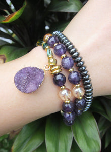 SALE - Amethyst + Quartz Mala Bracelet with Druzy Charm