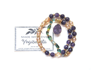 SALE - Amethyst + Quartz Mala Bracelet with Druzy Charm