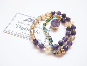 SALE - Amethyst + Quartz Mala Bracelet with Druzy Charm