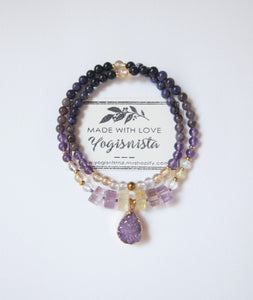 SALE - 2 pc set, Bohemian Charoite, Ametrine, Citrine Quartz, Druzy Pendant Beaded Necklace