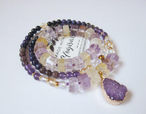 SALE - 2 pc set, Bohemian Charoite, Ametrine, Citrine Quartz, Druzy Pendant Beaded Necklace