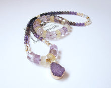 SALE - 2 pc set, Bohemian Charoite, Ametrine, Citrine Quartz, Druzy Pendant Beaded Necklace