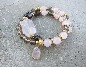 Love, Fertility, Balance, Grounding - Rose Quartz, Smoky Quartz Mala Bracelet in 27 Beads